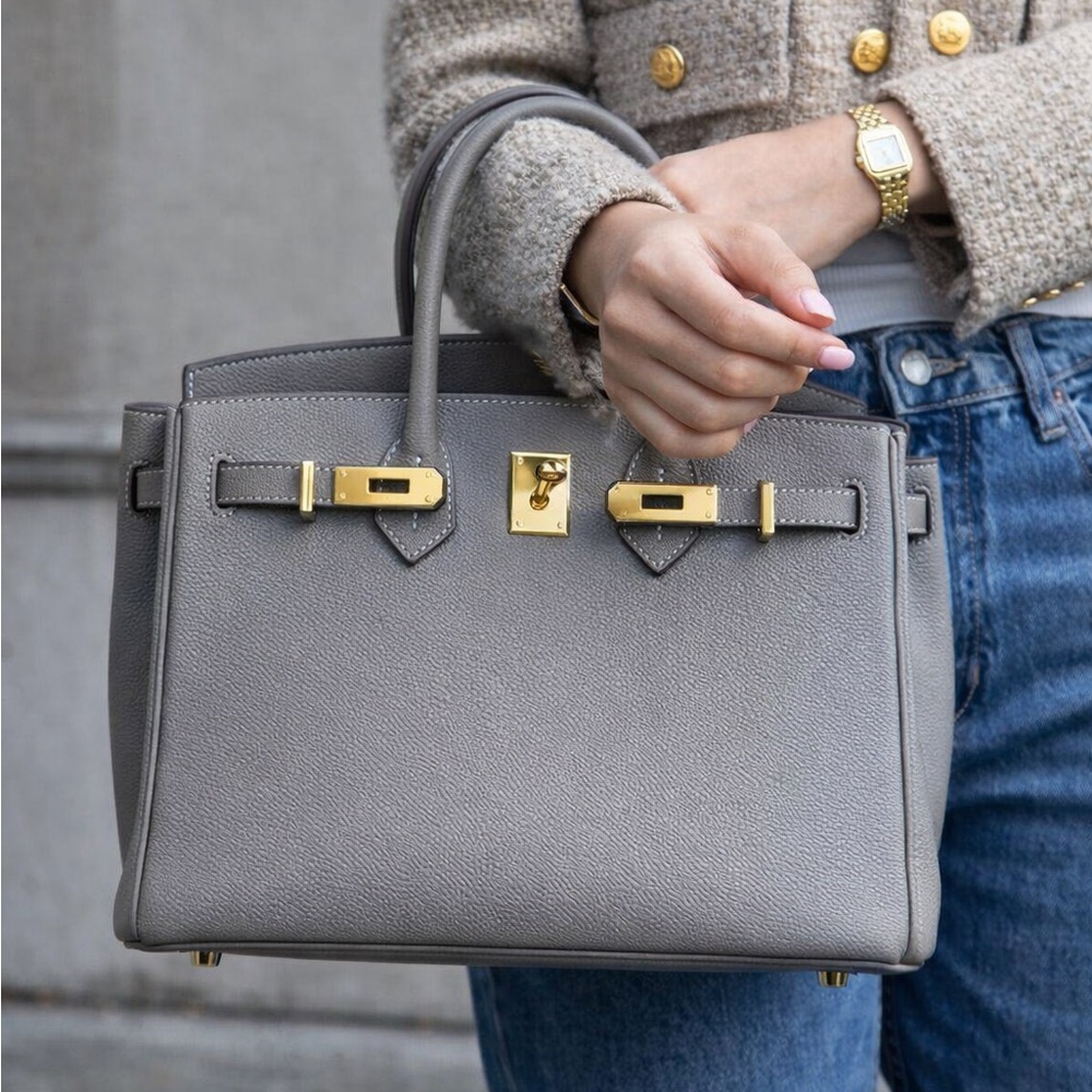 Taupe Top-Handle Leather Handbag with Gold Hardware